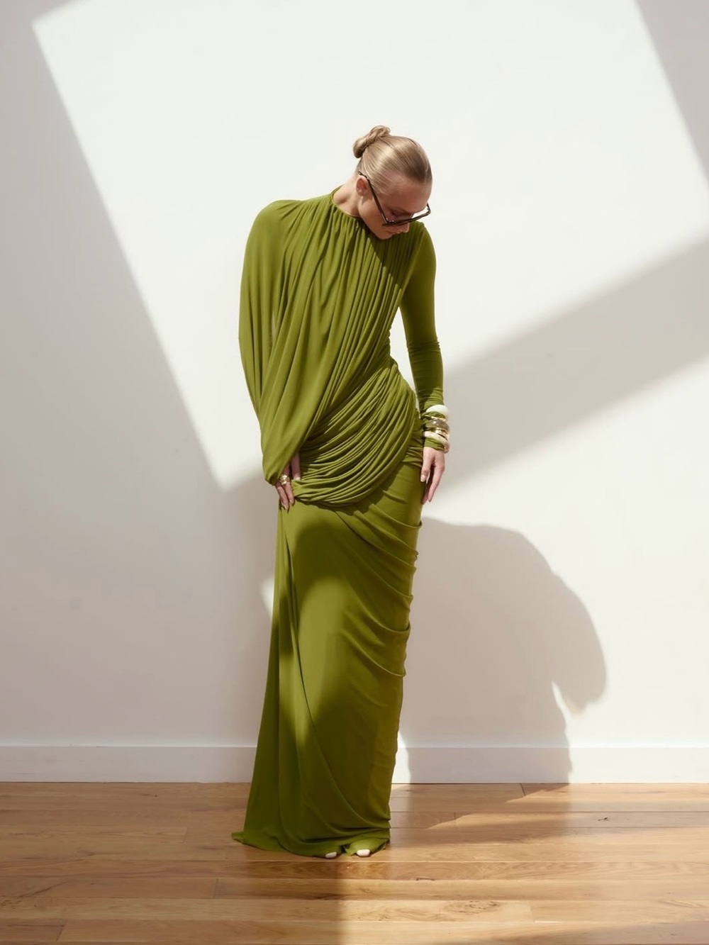 Elegant Olive-Green Long Sleeve Draped Evening Dress Nwt Size Xs — image 2 of 7